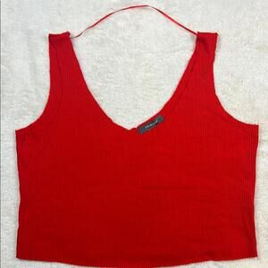 Primark Red Ribbed Crop Tank Top Sleeveless V-Neck Stretch Fitted Basic Women’s
